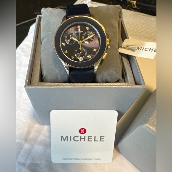 Sale Michele Cape Chronograph Blue Dial Yellow Topaz Markers FULL SET w TAG